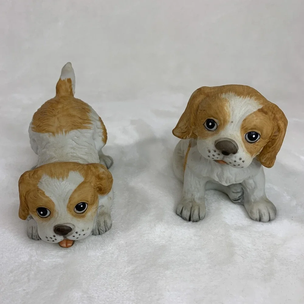 2 Vintage Homco No. 1407 Porcelain Puppy Dog‎ Figurines Tan and White